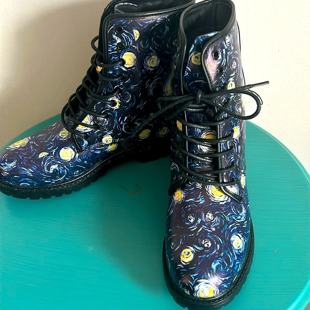 New Starry Night Inspired Print Lace-Up Vegan Leather Combat Boots